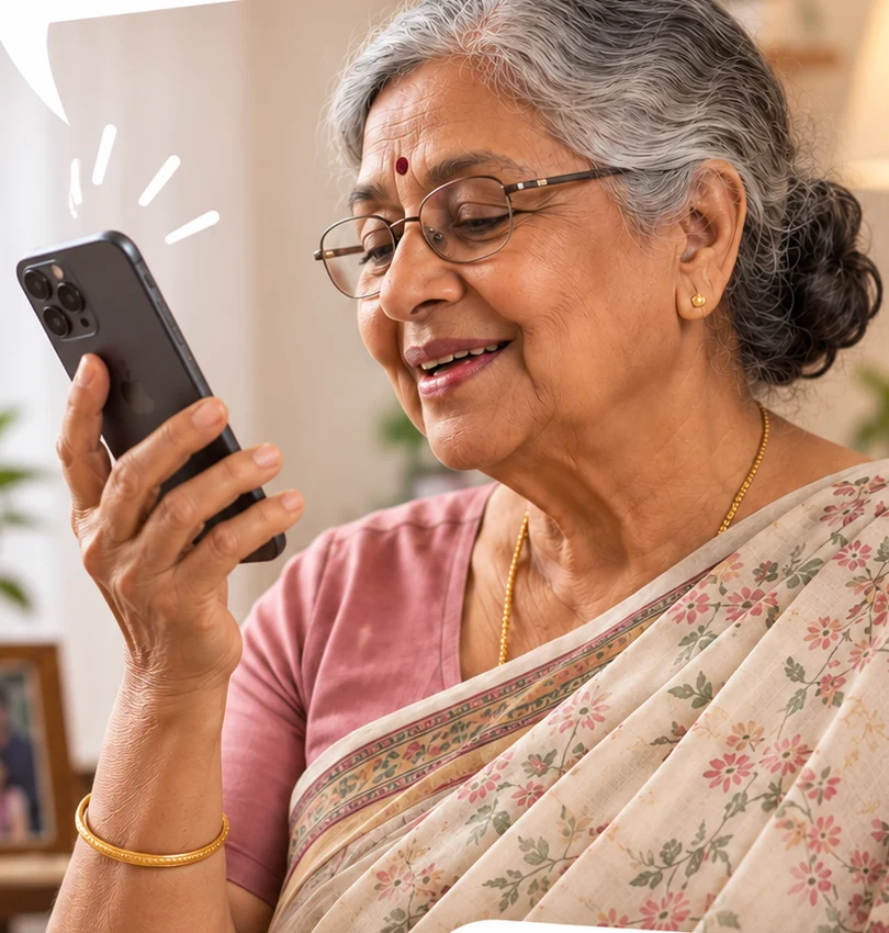 An elderly Indian woman in a saree smiling while speaking into her phone on speaker, sitting in a warm living room.