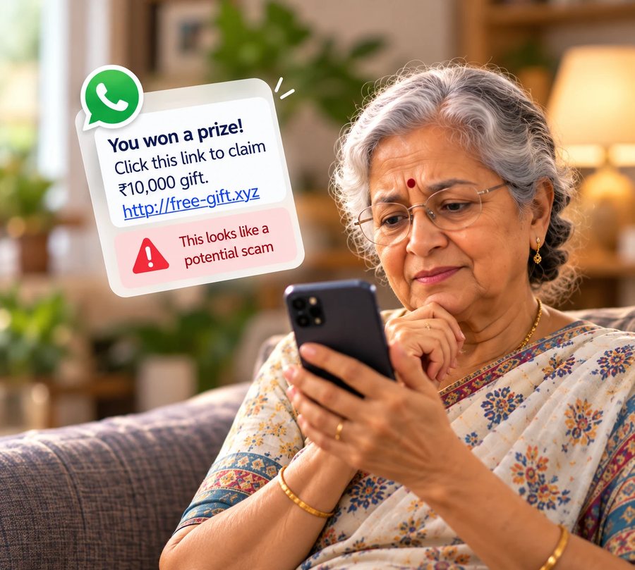 An elderly Indian woman checking a WhatsApp message flagged as a potential scam.