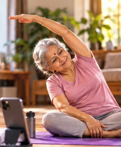 An elderly Indian woman doing a gentle side stretch on a yoga mat at home, following a class on her phone.